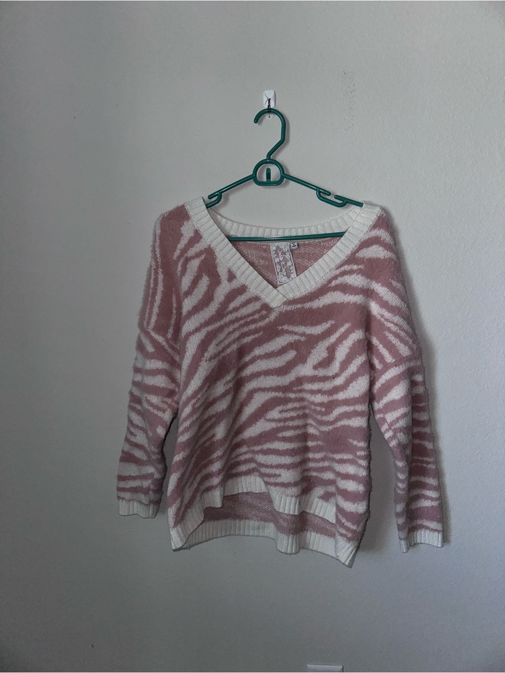 V-Neck Pink Zebra-Print Sweater with Cream Trim